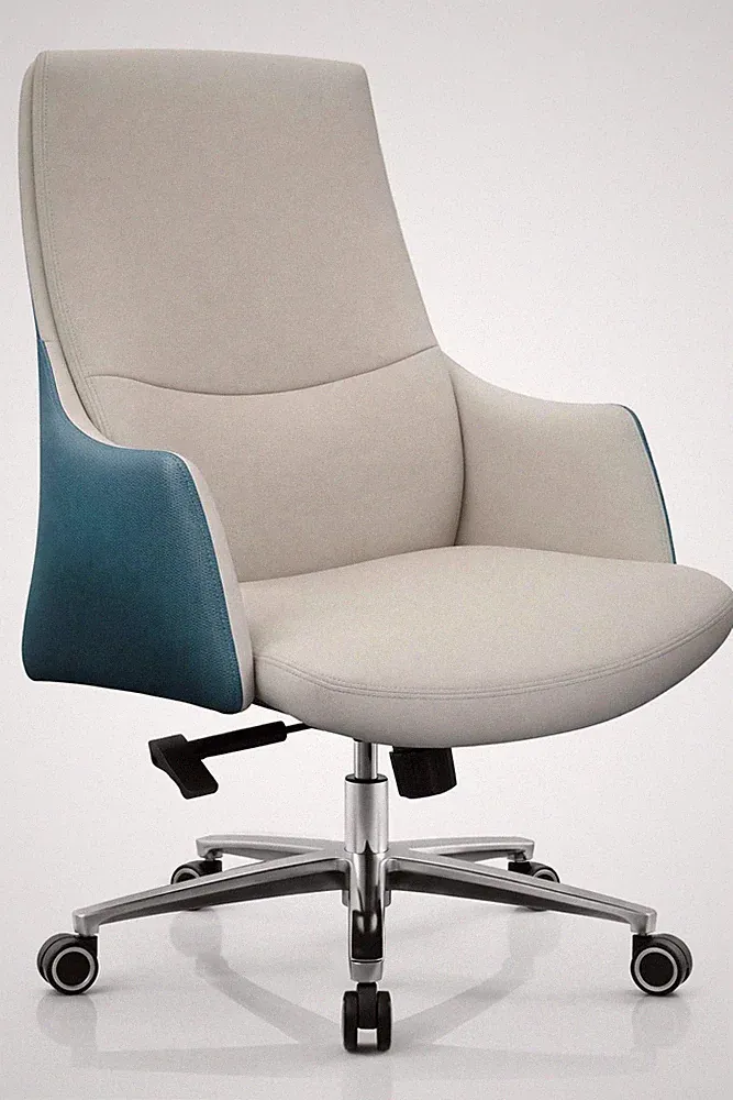 Ergonomischer Bürostuhl mit hochwertigem Lederbezug in Beige und Blau