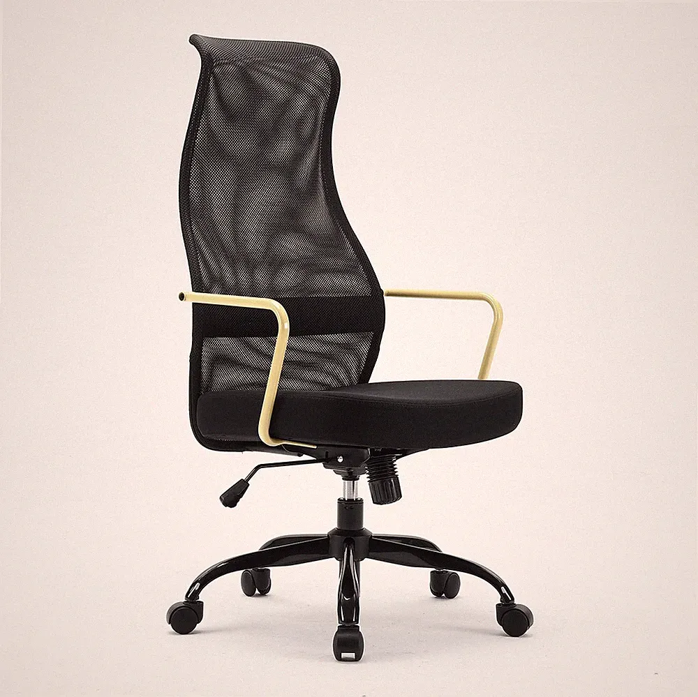 Ergonomischer Bürostuhl mit hoher Rückenlehne aus Netzgewebe, Kopfstütze, hellgelbe Armlehnen