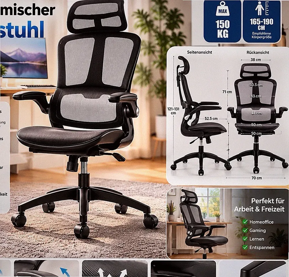 Ergonomischer Bürostuhl mit Kopfstütze, klappbaren Armlehnen, Netzrücken 150 kg