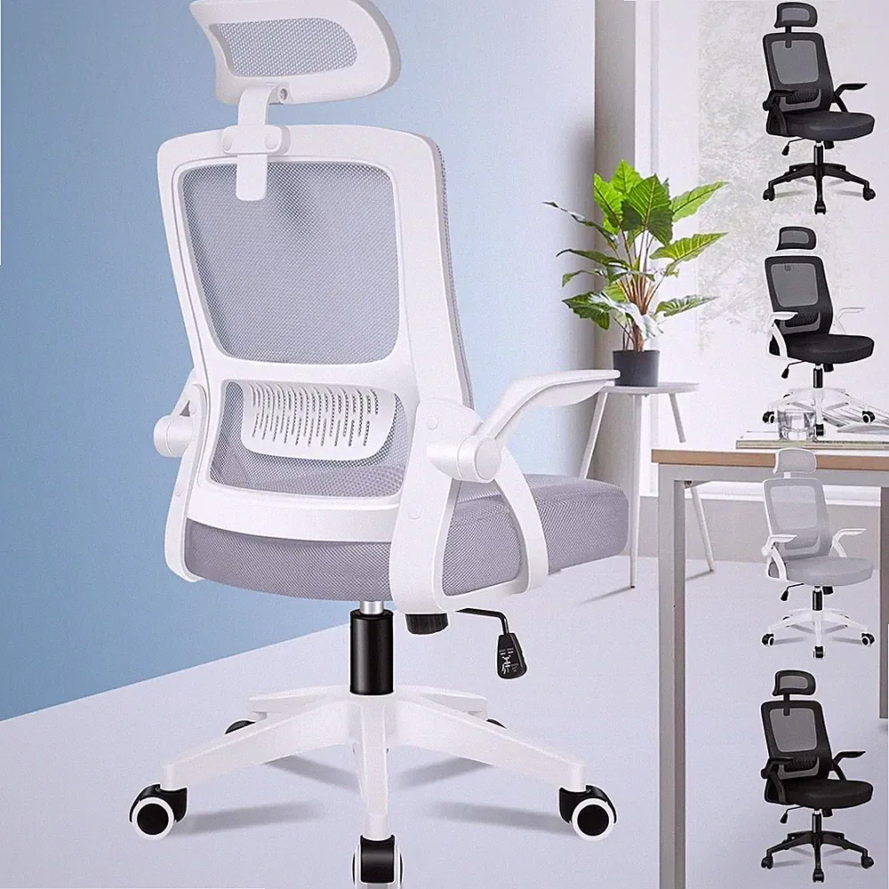 Ergonomischer Bürostuhl mit Lordosenstütze, neigbar, Armlehne, Weiß/Grau