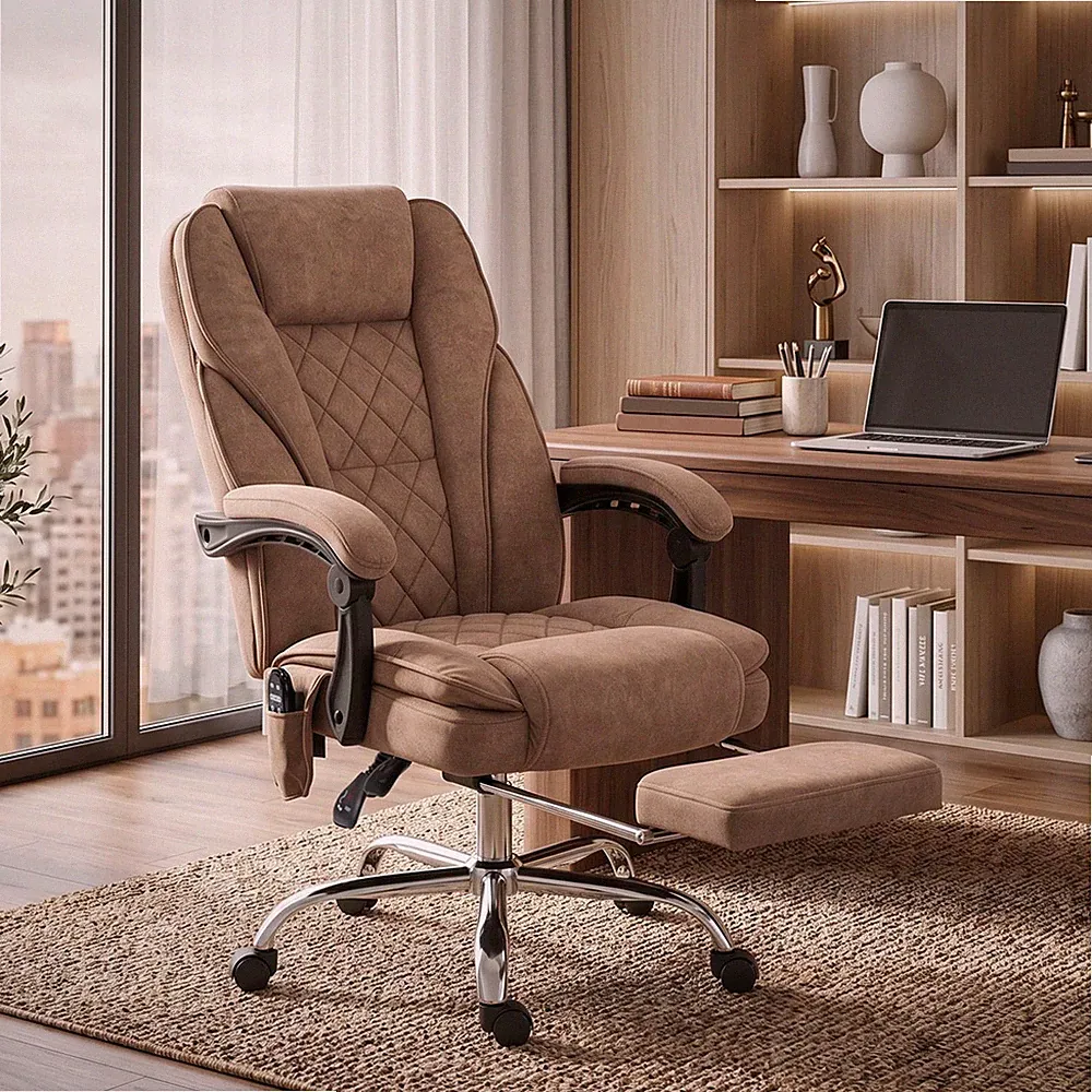 Ergonomischer Bürostuhl mit Massagefunktion, Fußstütze, drehbar, rollbar, Braun