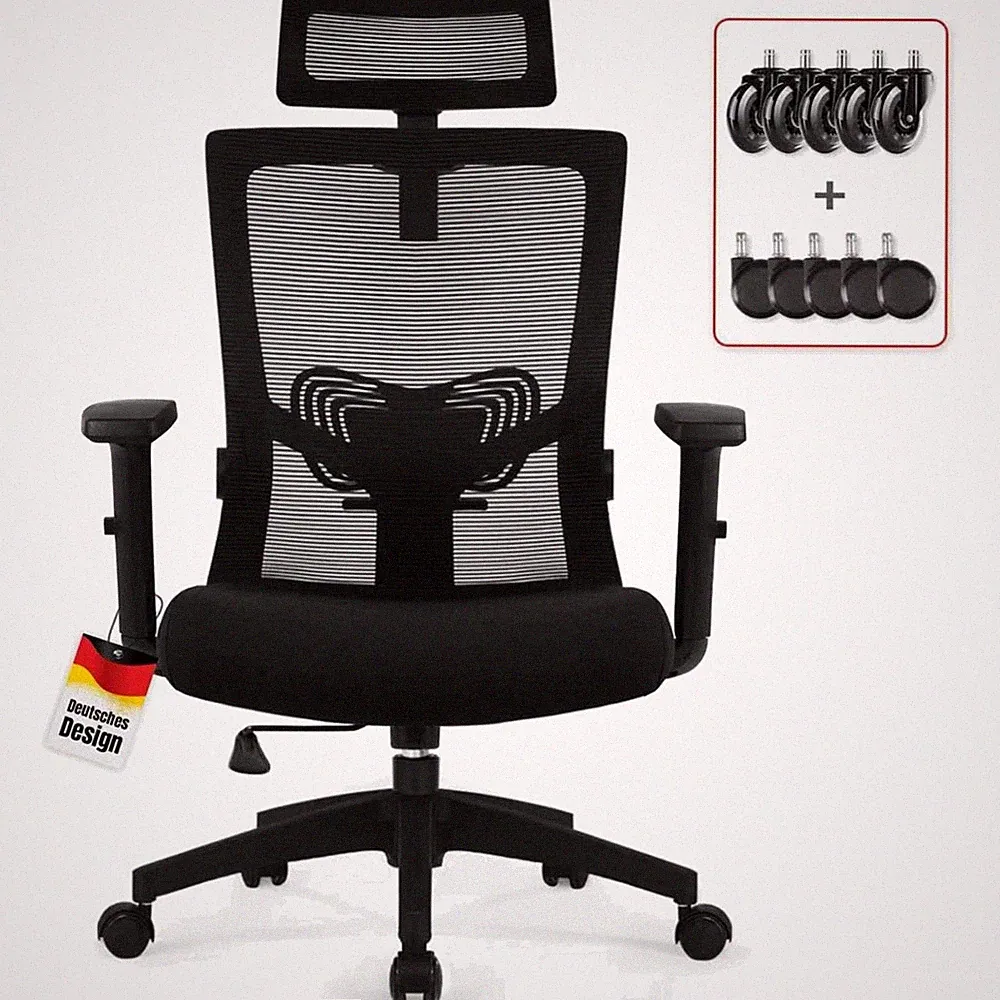 Ergonomischer Bürostuhl mit verstellbarer Kopfstütze Armlehnen Lendenwirbel Mesh