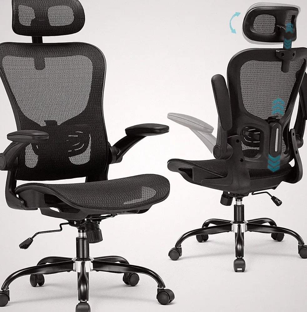 Ergonomischer Bürostuhl mit verstellbarer Kopfstütze Armlehnen Lendenwirbelstütz