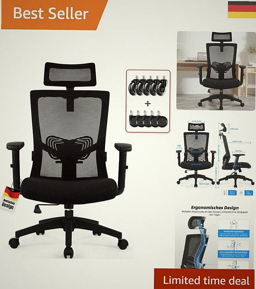 Ergonomischer Bürostuhl mit Verstellbarer Kopfstütze & Lendenwirbelstütze