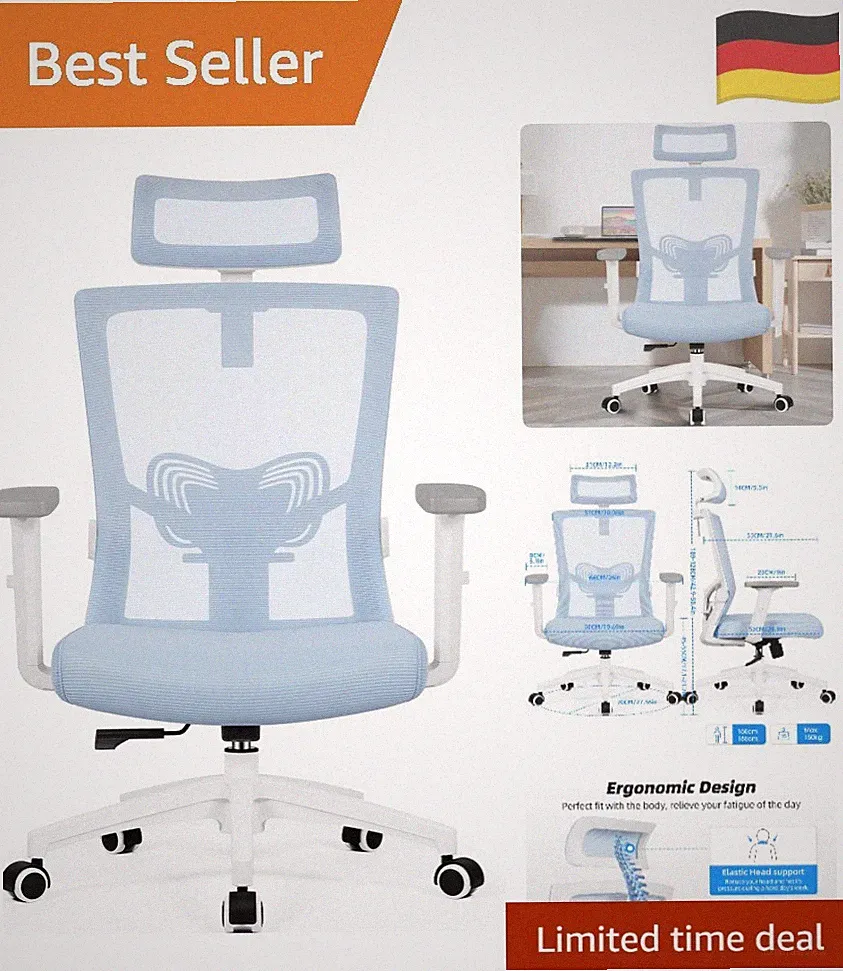 Ergonomischer Bürostuhl mit verstellbarer Kopfstütze und 150 kg Traggewicht
