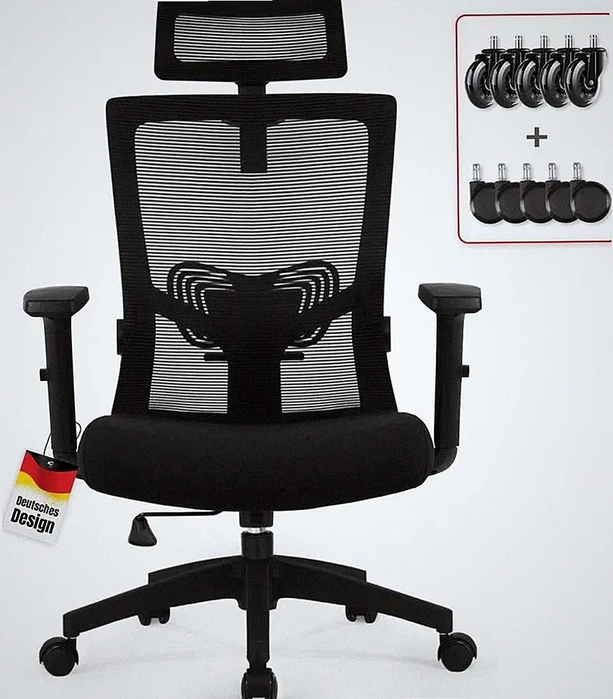Ergonomischer Bürostuhl mit Verstellbarer Kopfstütze und Lendenwirbelstütze