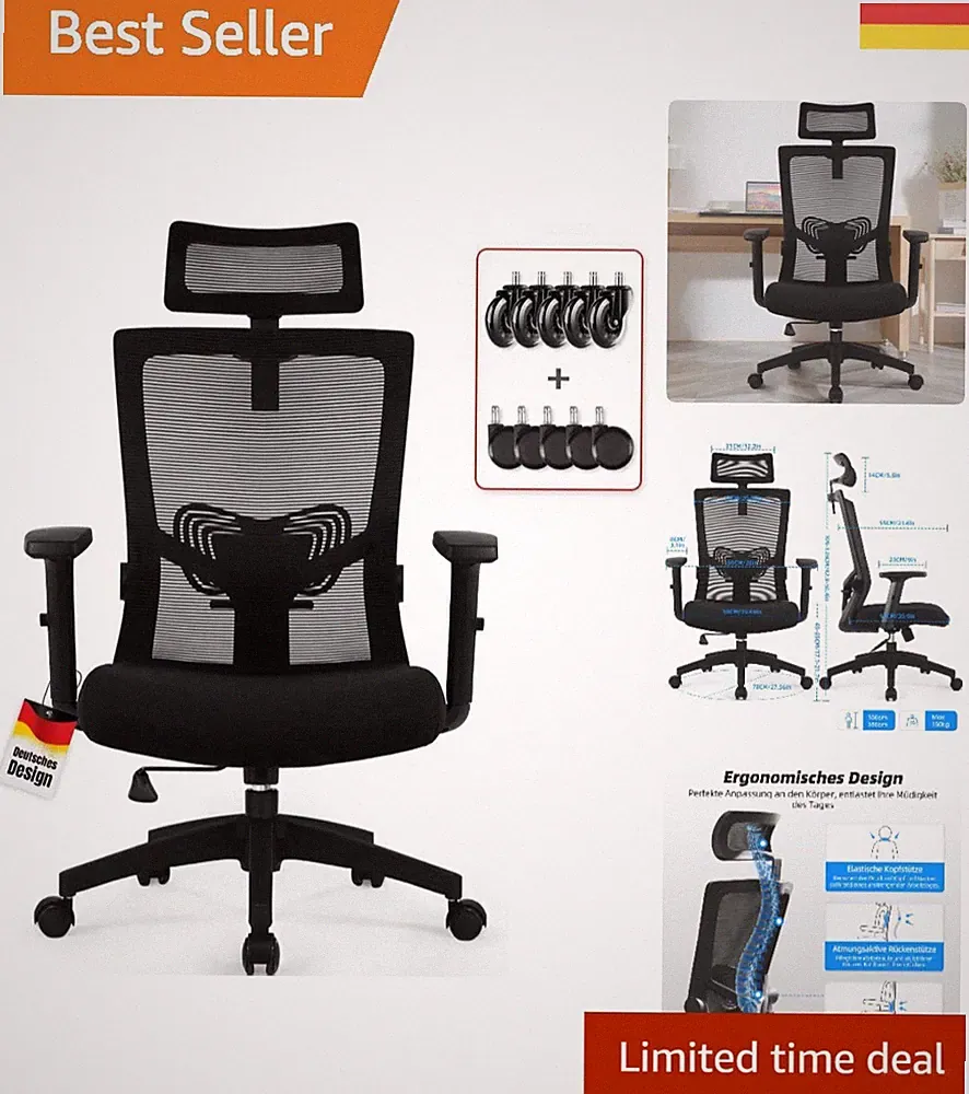 Ergonomischer Bürostuhl mit Verstellbarer Kopfstütze und Lendenwirbelstütze