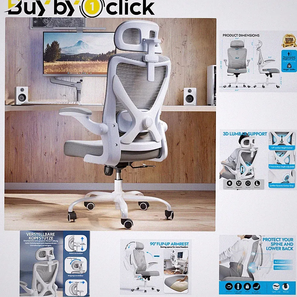 Ergonomischer Bürostuhl mit Verstellbarer Lendenstütze - Grau, 150kg Traglast