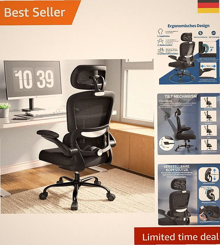 Ergonomischer Bürostuhl mit Verstellbarer Lordosenstütze für Höchsten Komfort