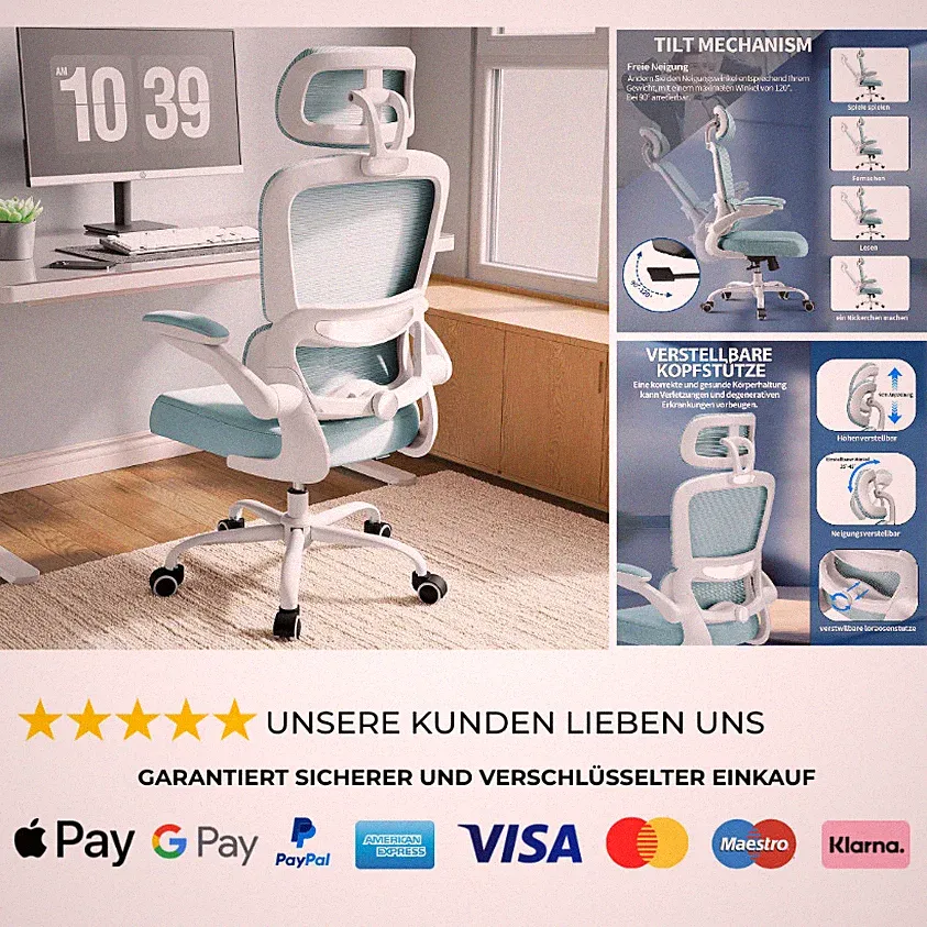 Ergonomischer Bürostuhl mit Verstellbarer Lordosenstütze und 2D-Kopfstüt
