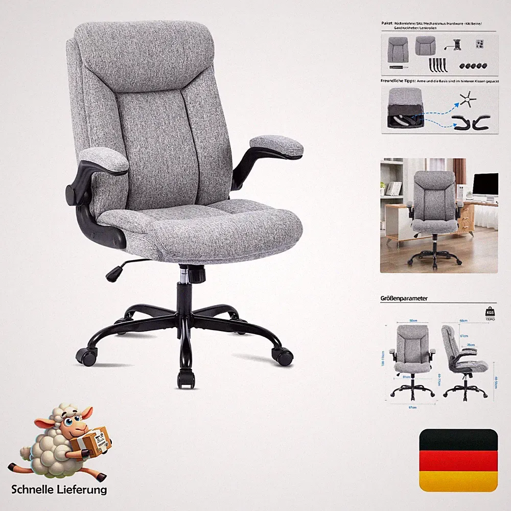 Ergonomischer Bürostuhl Mzlee Grau Drehstuhl mit Kopfstütze, atmungsaktivem S...