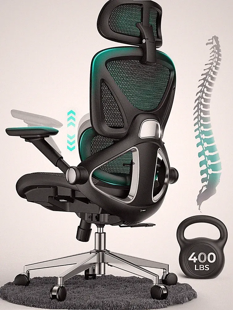Ergonomischer Bürostuhl Netz Schreibtischstuhl mit Lordosenstütze 4D Klapparme drehbar