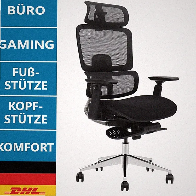 Ergonomischer Bürostuhl schwarz | Gaming & Büro | Fußlehne | Lendenstütze