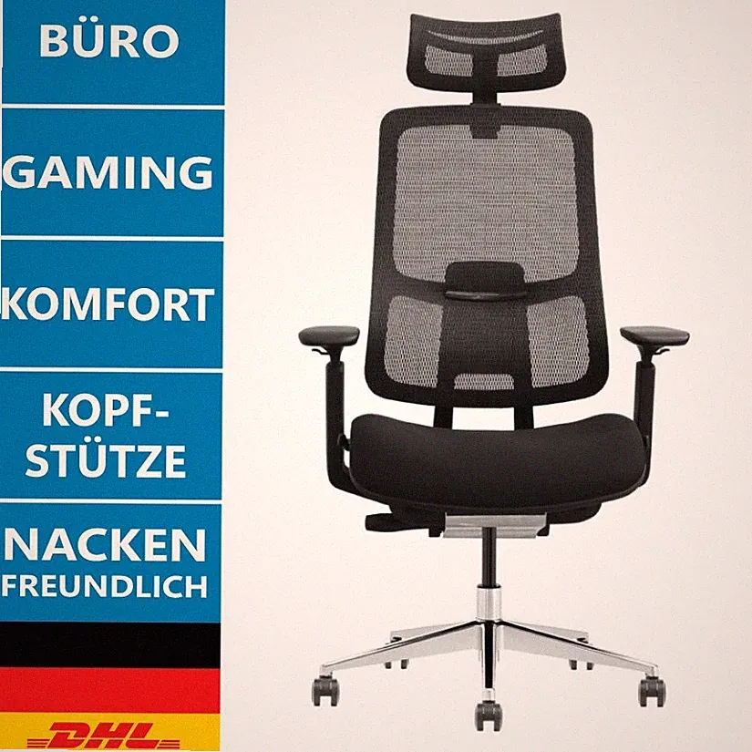 Ergonomischer Bürostuhl schwarz höhenverstellbar mit Kopfstütze & 3D Armlehnen