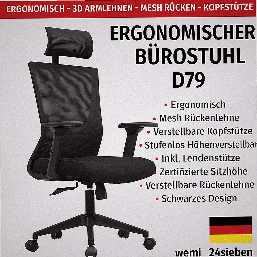 Ergonomischer Bürostuhl Schwarz Mesh mit Kopfstütze höhenverstellbar 3D Armlehne