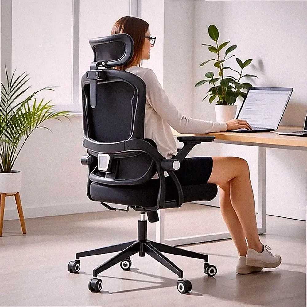 Ergonomischer Bürostuhl Schwarz mit Klappbaren Armlehnen und Mesh Polsterung