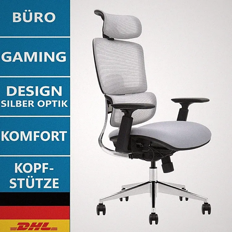 Ergonomischer Bürostuhl silber | verstellbar | Lendenstütze | atmungsaktiv