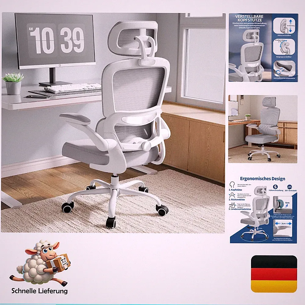 Ergonomischer Bürostuhl Tralt Grau mit verstellbarer Lordosenstütze und Kopfs...