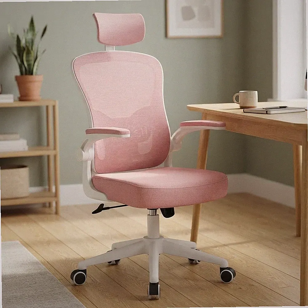 Ergonomischer Chefsessel Drehstuhl mit verstellbarer Kopfstütze in Rosa - Hochlehner