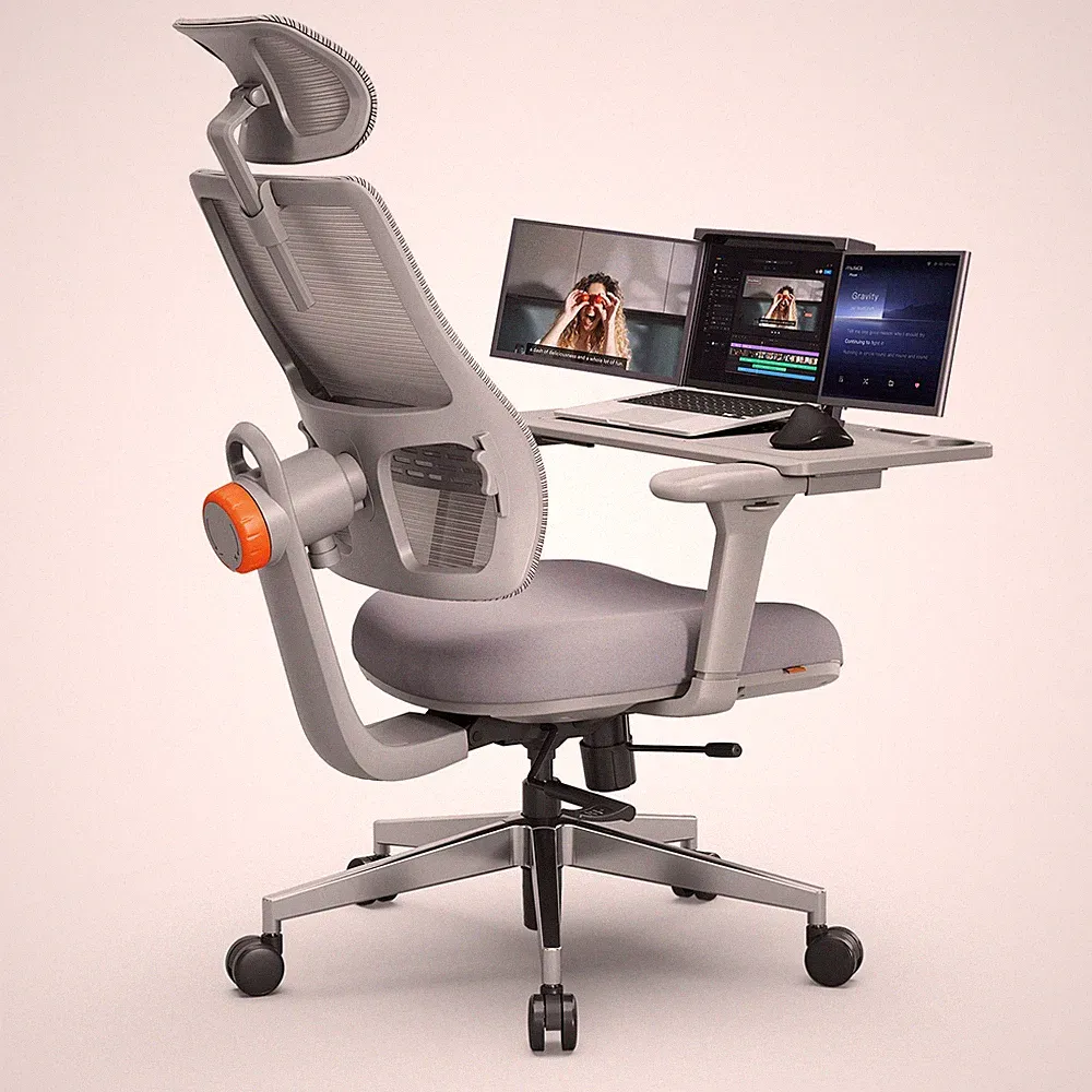 Ergonomischer Gaming Bürostuhl mit Schreibtisch Kopfstütze Fußstütze Grau