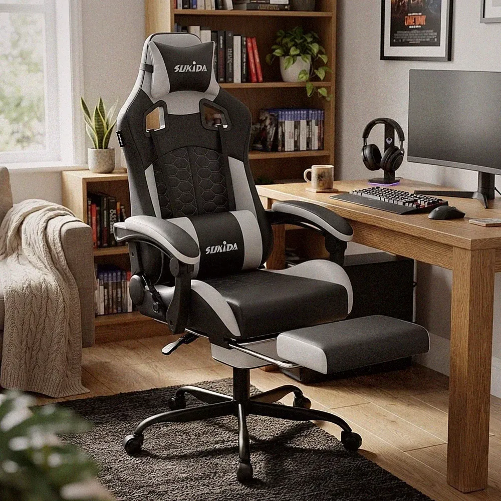 Ergonomischer Gaming Stuhl mit Fußstütze & integrierter Massage für ultimativen Komfort
