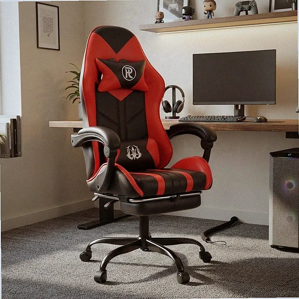 Ergonomischer Gaming Stuhl mit Fußstütze & Lordosenstütze - Hochlehner Red Style