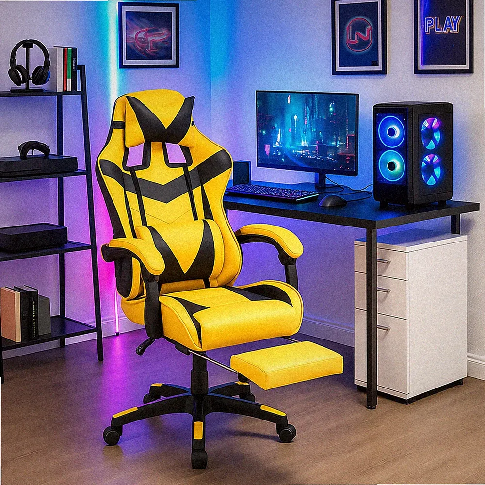 Ergonomischer Gaming Stuhl mit Fußstütze Racing-Design in Gelb-Schwarz Drehstuhl