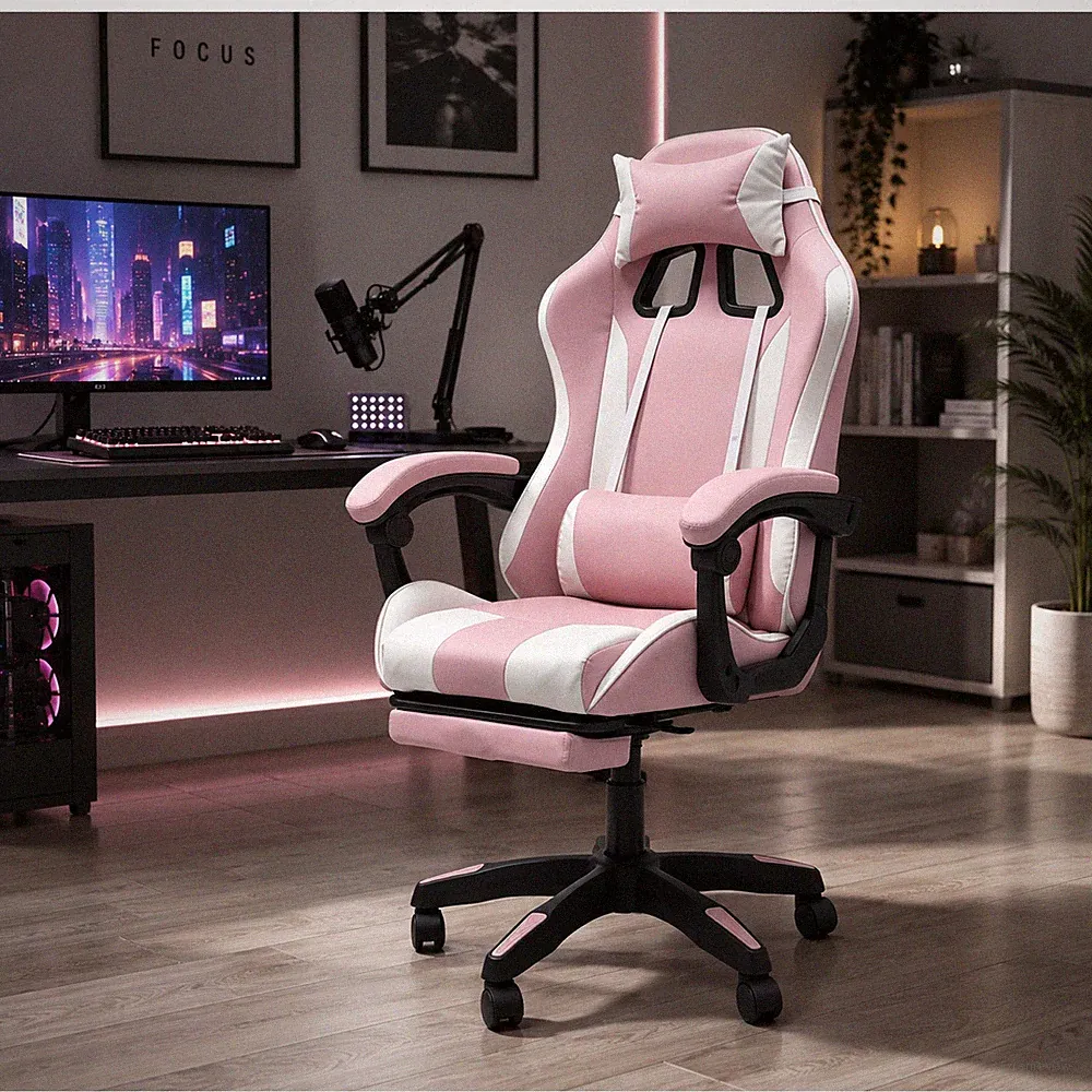 Ergonomischer Gaming Stuhl mit Fußstütze Racing-Design in Pink-Weiß Drehstuhl