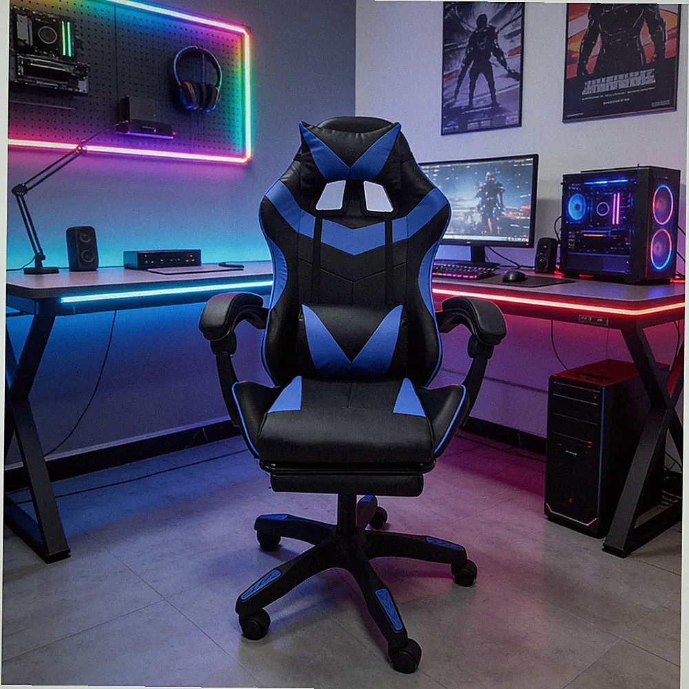 Ergonomischer Gaming Stuhl mit Fußstütze Racing-Design Schwarz-Blau