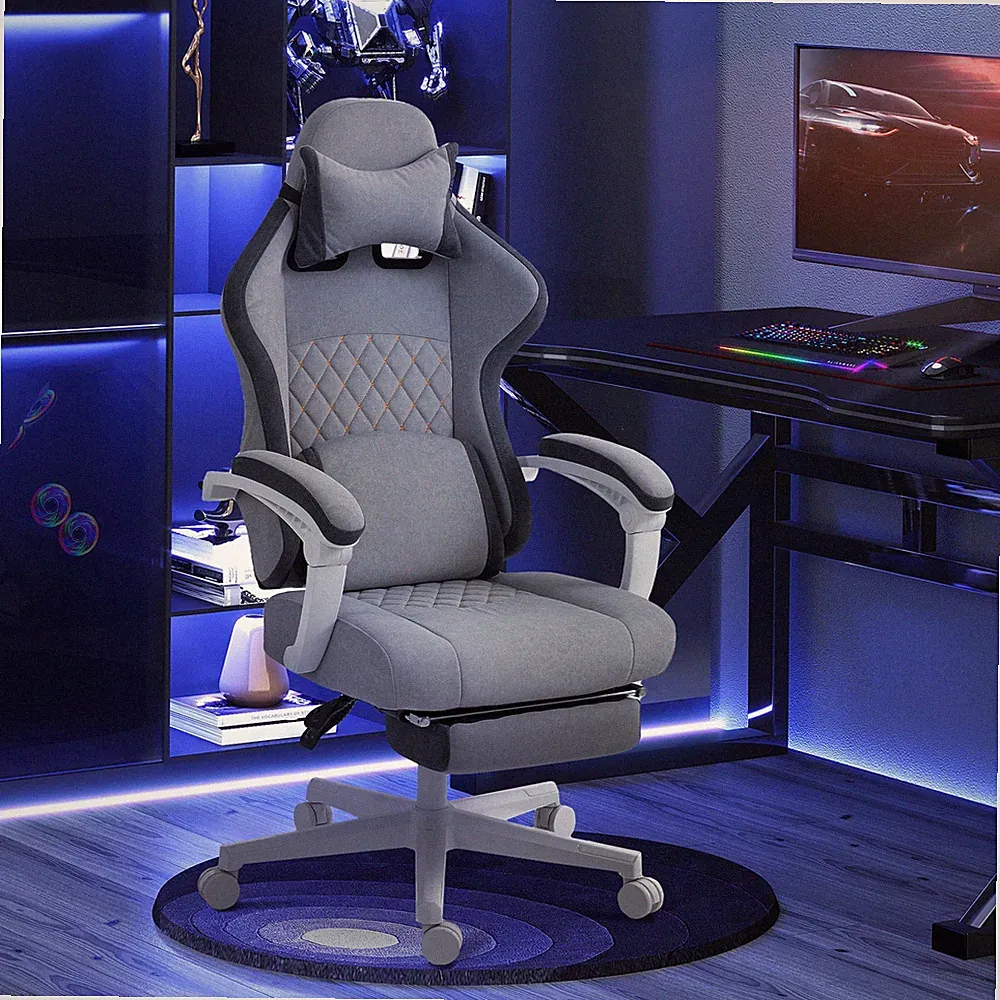 Ergonomischer Gaming Stuhl mit hoher Rückenlehne für Erwachsene mit Fußstütze, Lordosenstütze, grau