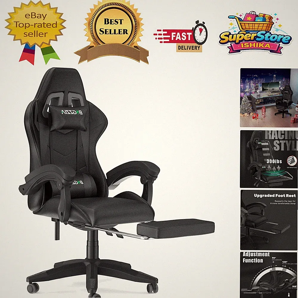 Ergonomischer Gaming Stuhl mit Lordosenstütze & Fußstütze - Höhenverstellbar Schwarz