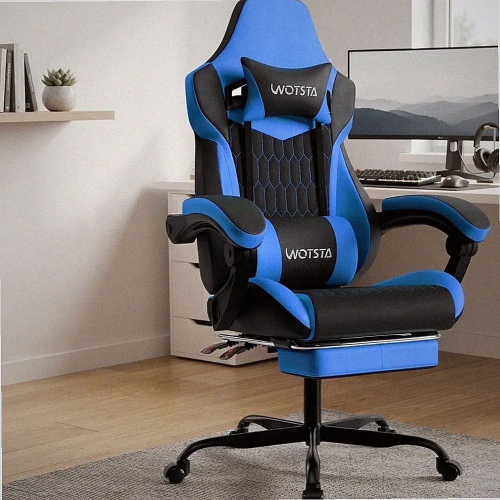 Ergonomischer Gaming Stuhl mit versenkbarer Fußstütze und Lordosenstütze - Schwarz Blau
