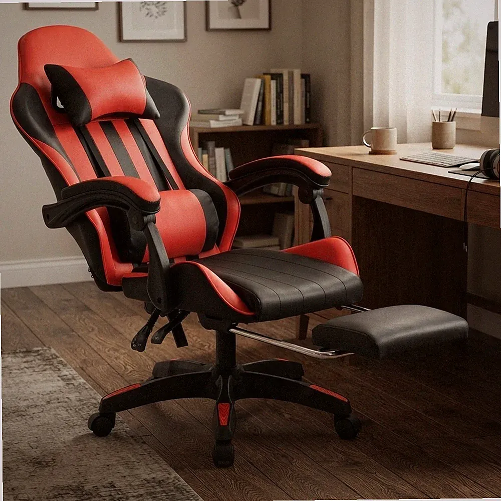 Ergonomischer Gaming Stuhl mit verstellbarer Höhe, Lordosenstütze & Fußstütze in Rot