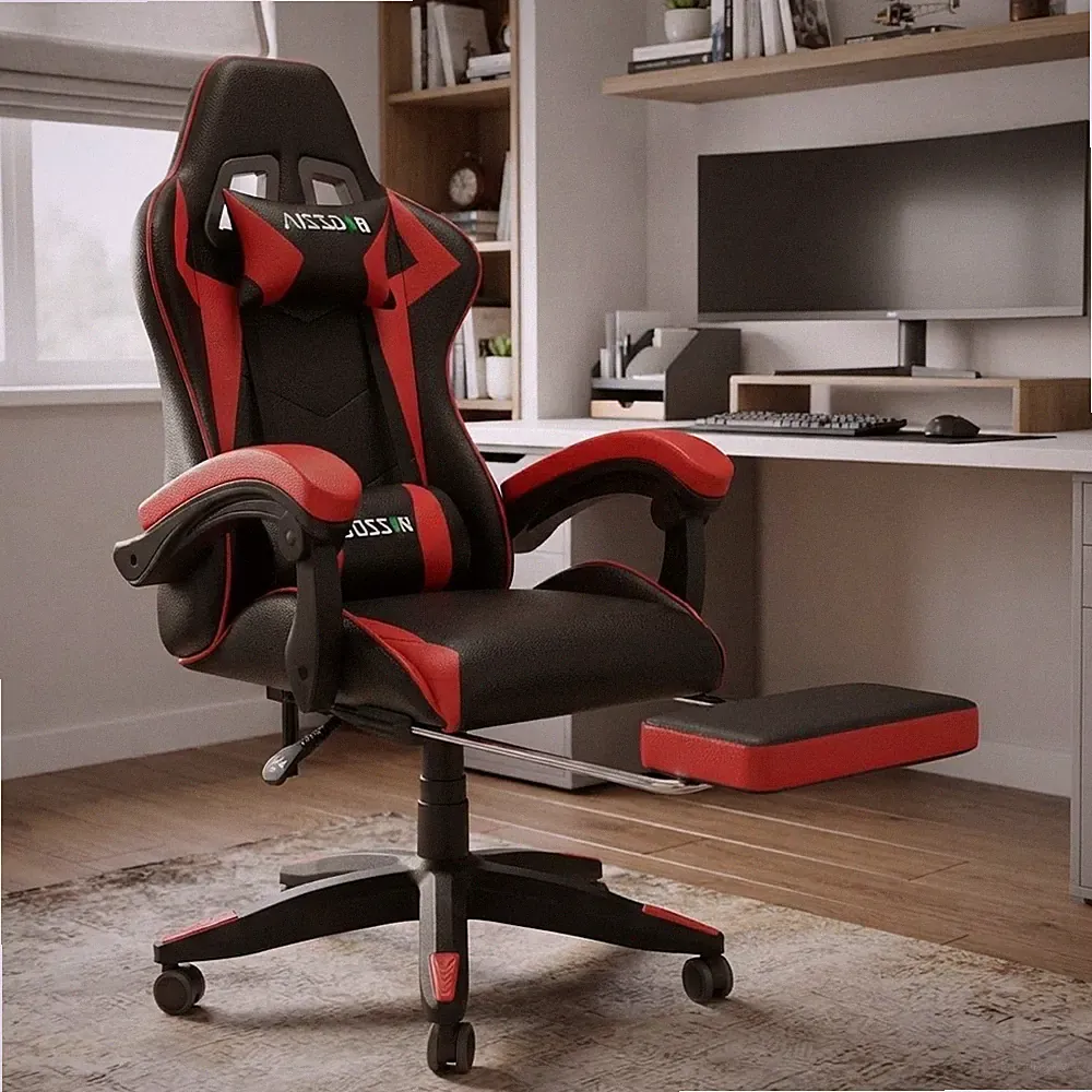 Ergonomischer Gaming Stuhl - Rot Kunstleder mit Fußstütze & Lordosenstütze