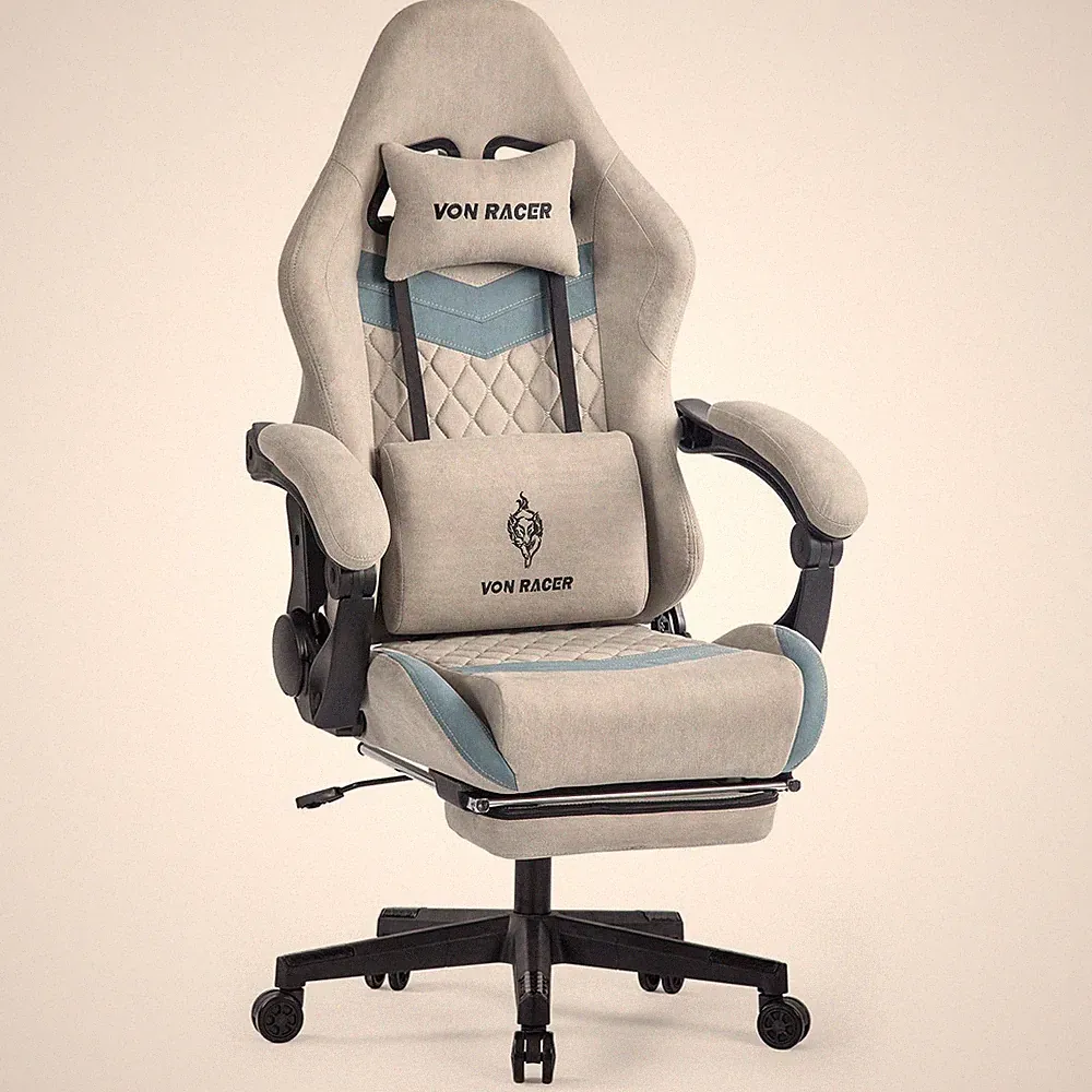 Ergonomischer Gaming Stuhl Stoff Bürostuhl mit Fußstütze Gamer Sessel 150kg Grau
