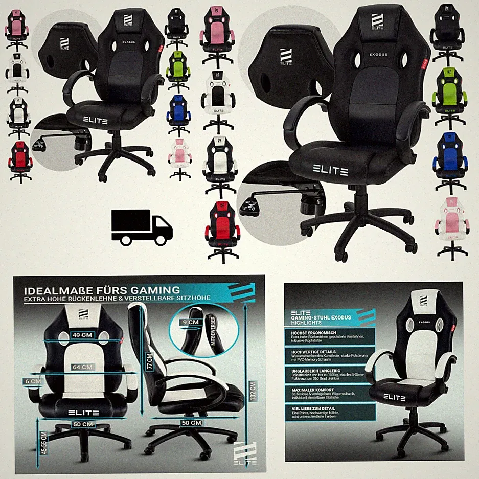 Ergonomischer Gamingstuhl Exodus Kunstleder Drehstuhl 5 Stern 150 kg