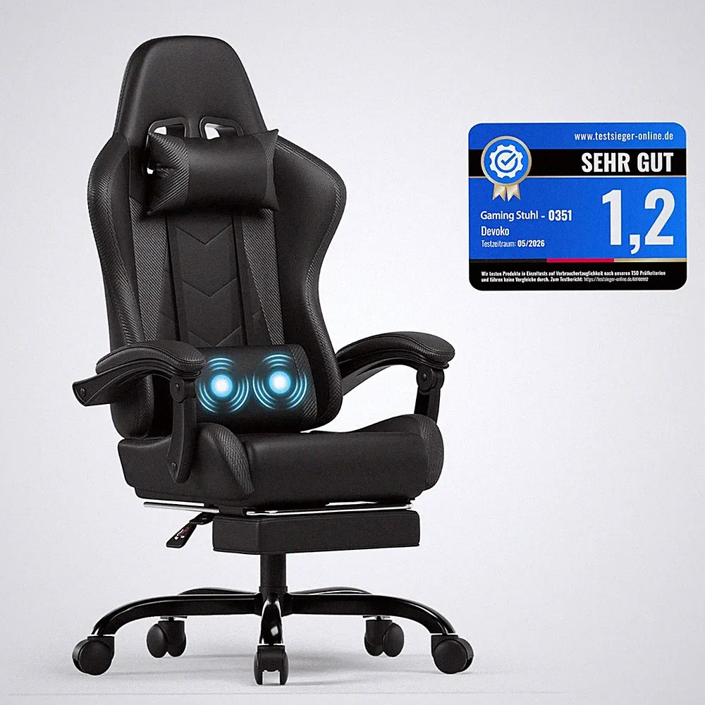 Ergonomischer Gamingstuhl mit Massagefunktion und ausziehbarer Fußstütze