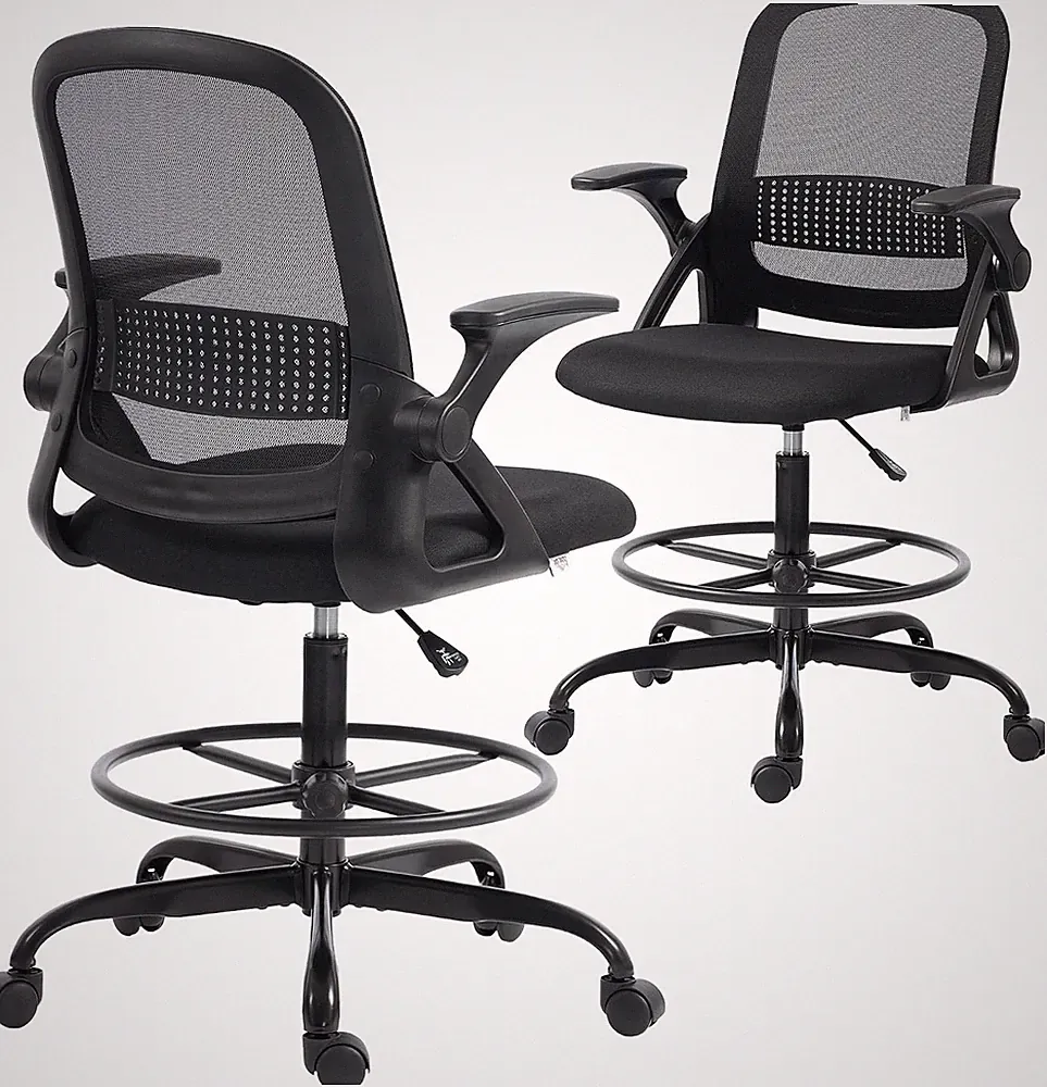 Ergonomischer hoher Zeichenstuhl mit hochklappbaren Armlehnen - Schwarz Bürostuhl
