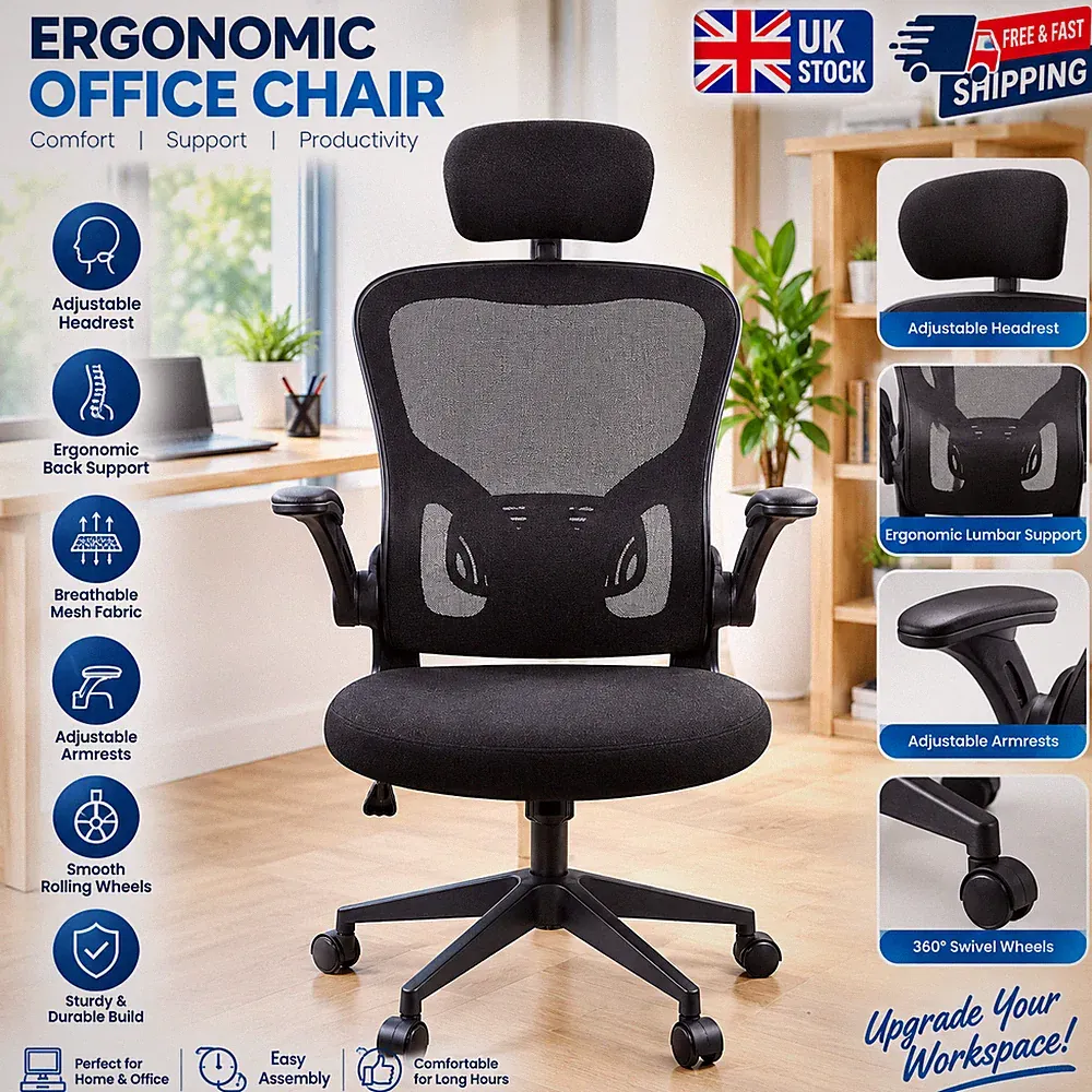 Ergonomischer Home Office Stuhl Netzstuhl mit Rückenstütze Armlehnen für Arbeit Schwarz
