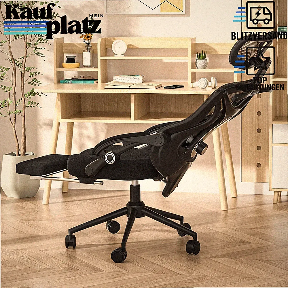 Ergonomischer Homeoffice Stuhl 90-160° Rückenlehne 150kg Fußstütze Lendenstütze