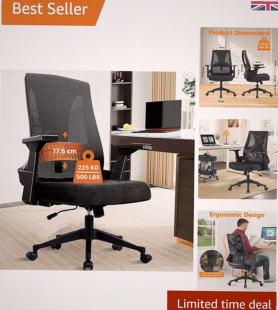 Ergonomischer Mesh Bürostuhl, 225 kg Kapazität - stilvolles & verstellbares Design