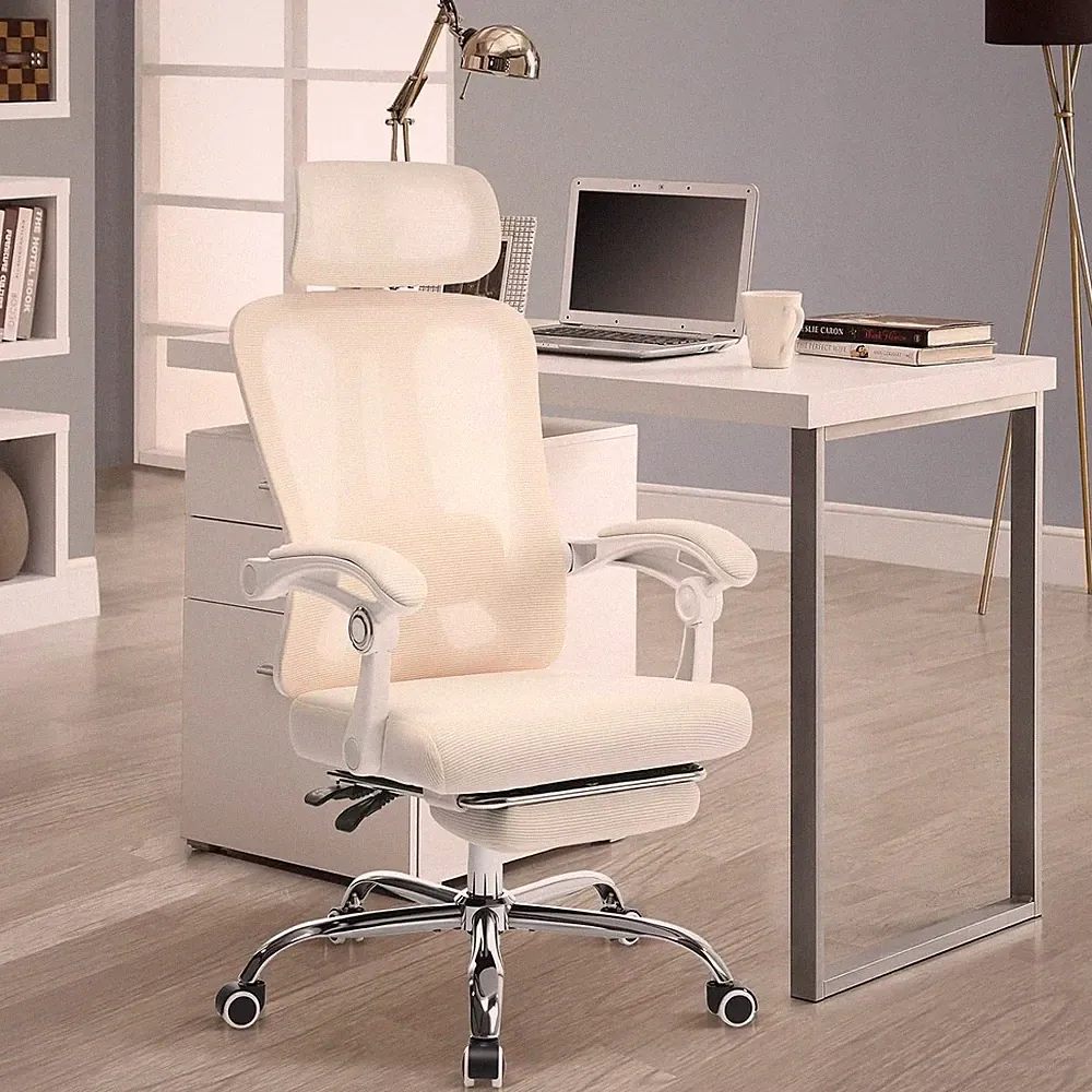 Ergonomischer Mesh-Bürostuhl Mit Fußstütze, Verstellbare Kopfstütze 360° Drehbar