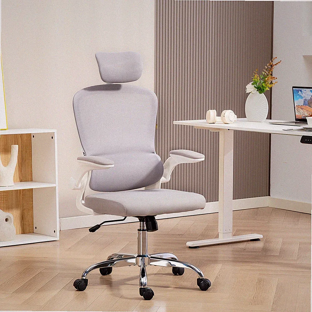 Ergonomischer Mesh Bürostuhl mit verstellbarer Kopfstütze für Zuhause, grau