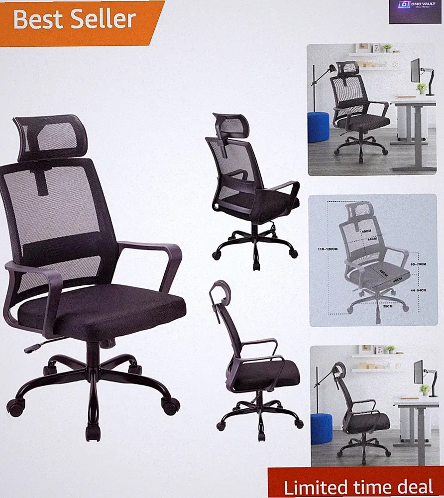Ergonomischer Netz Bürostuhl mit verstellbarer Kopfstütze & Lordosenstütze - Schwarz