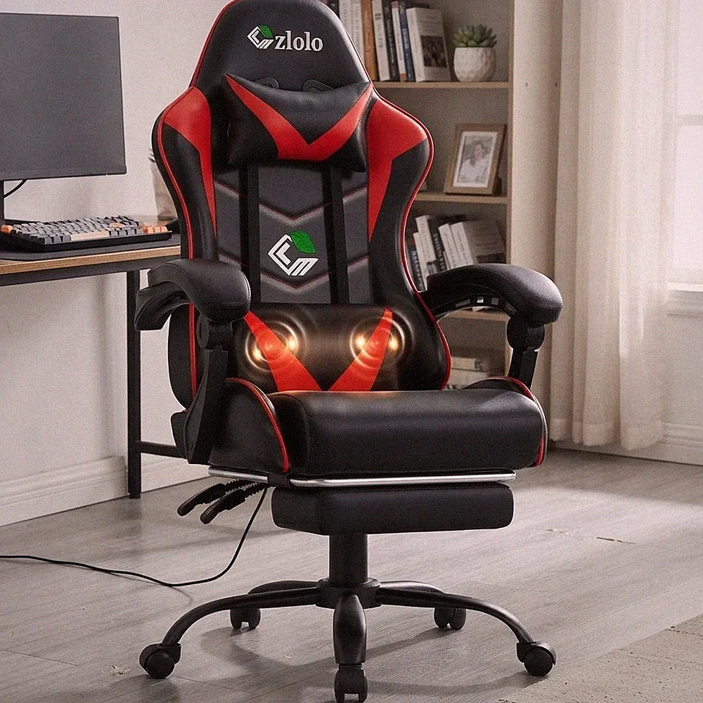 Ergonomischer roter Gaming Stuhl mit Lordosenstütze & ausziehbarer Fußstütze - 90°-135°...