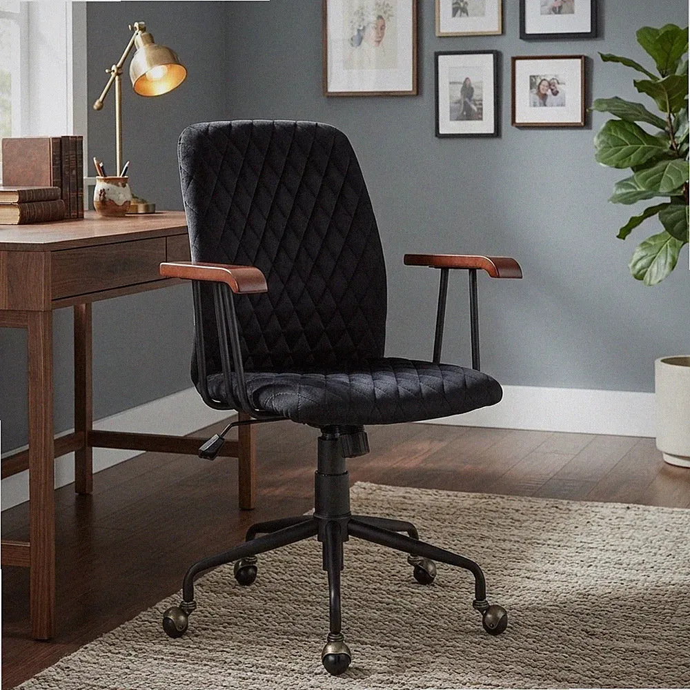 Ergonomischer Samt Bürostuhl mit Gummi Holz Armlehnen & Höhenverstellbar