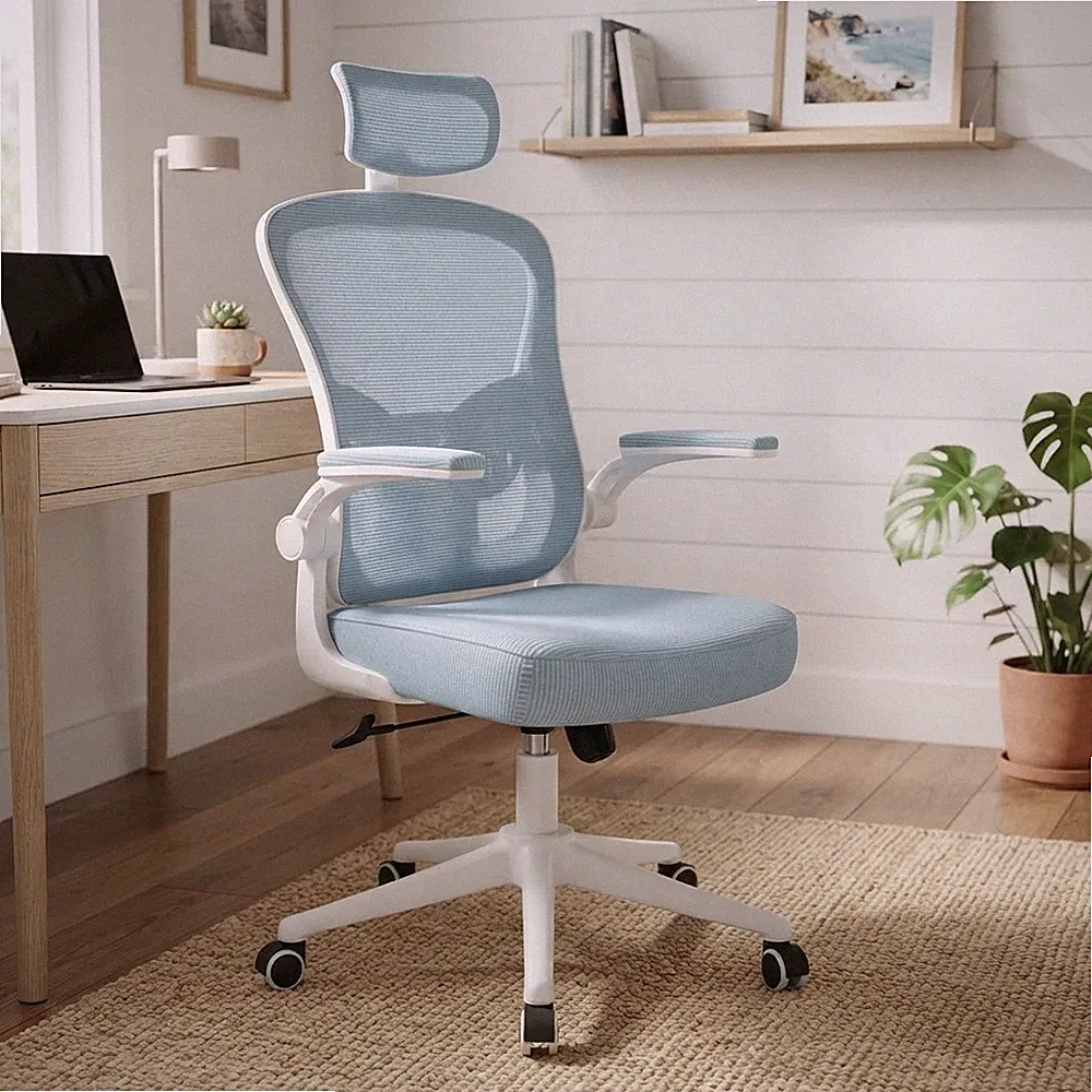 Ergonomischer Schreibtischstuhl mit hoher Rückenlehne und verstellbarer Kopfstütze & Lordosenstütze - Blau