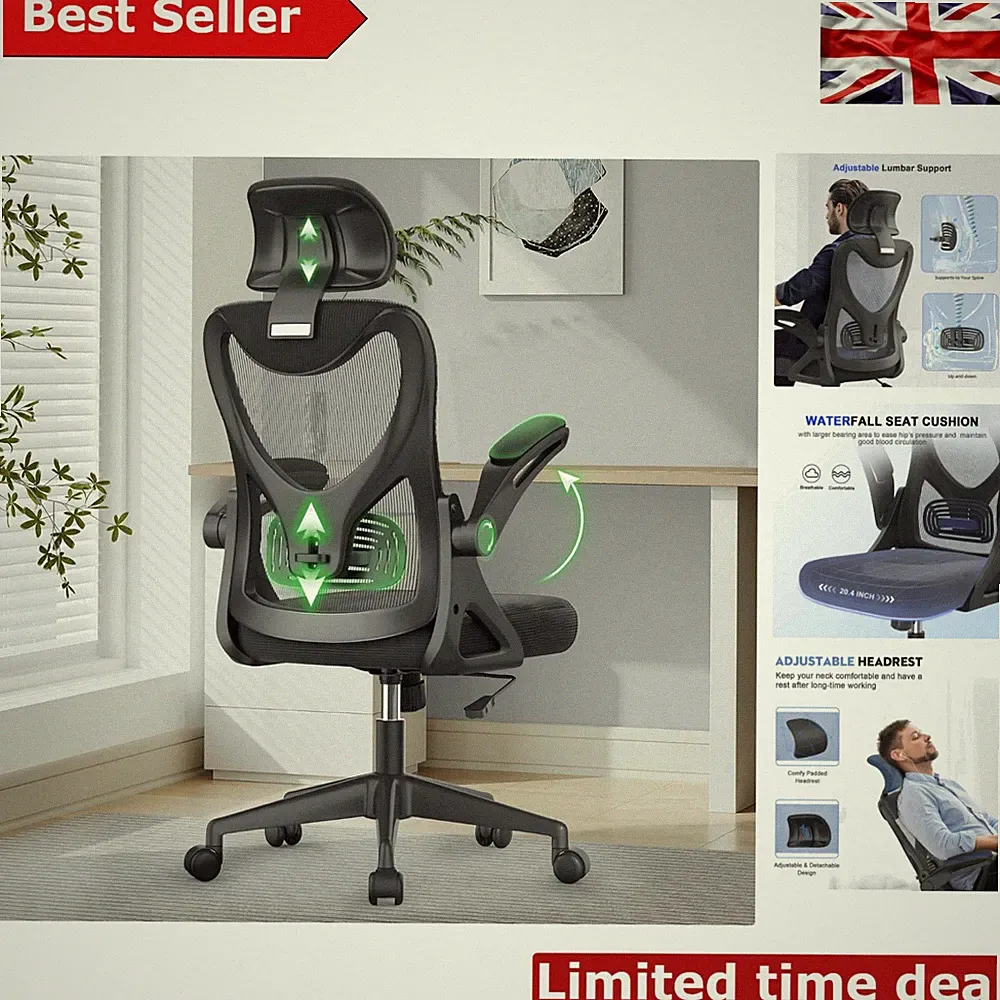 Ergonomischer schwarzer Bürostuhl mit Lordosenstütze & gepolsterten Klapparmlehnen