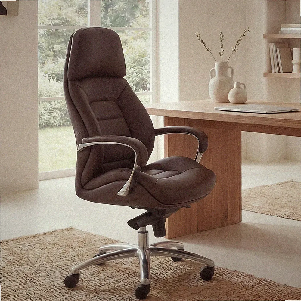 FineBuy Bürostuhl Braun Chefsessel Echtleder Ergonomisch XXL Drehstuhl 120 kg