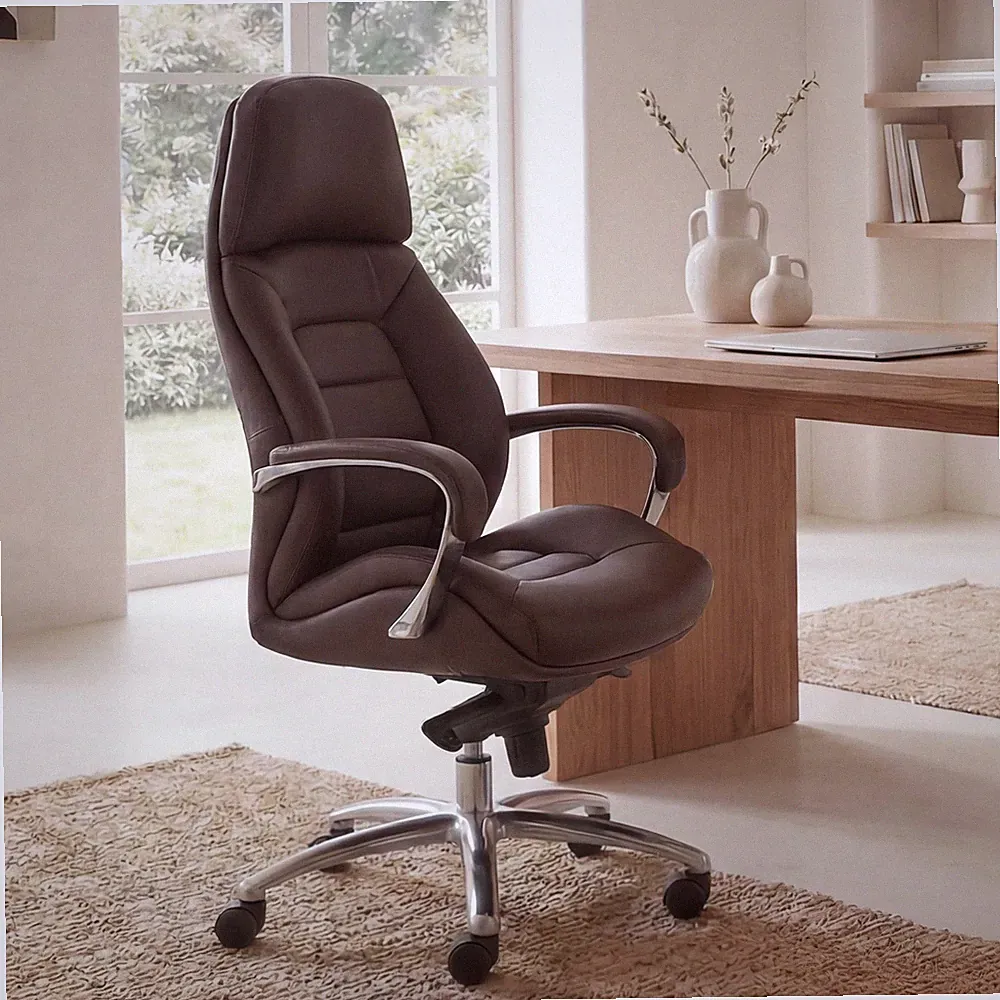 FineBuy Bürostuhl Braun Chefsessel Echtleder Ergonomisch XXL Drehstuhl 120 kg